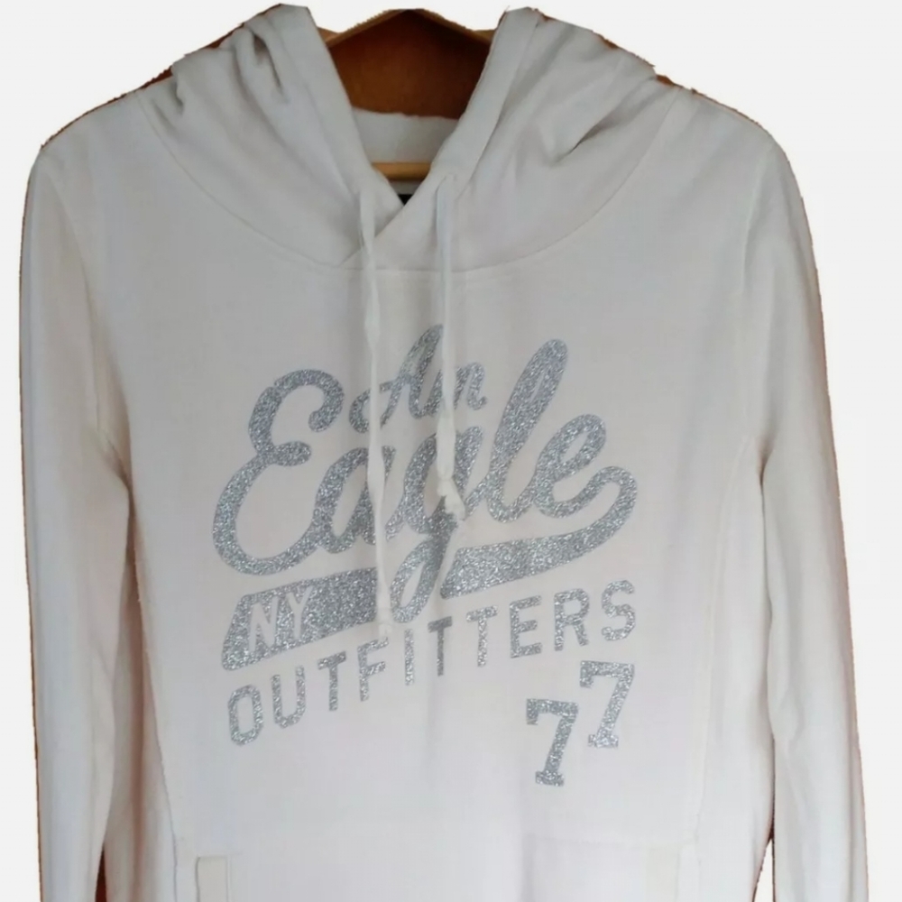 AMERICAN EAGLE Juniors Size L White  Silver Glitter Hoodie Sweatshirt